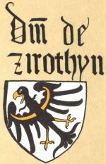 Erb pánů ze Žirotína z roku 1361 na hradě v Lauf a. d. Pegnitz (kresba Aleš Zelenka, nápis nepřesně)