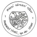 Otisk gumového razítka MNV v Panenském Týnci z roku 1948 (kresba Karel Liška).