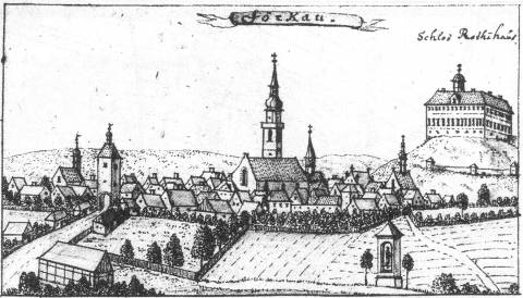 Pohled na Jirkov z 18. století, Vlevo město s kostelem sv. Jiljí, vpravo na vrchu zámek Červený Hrádek.